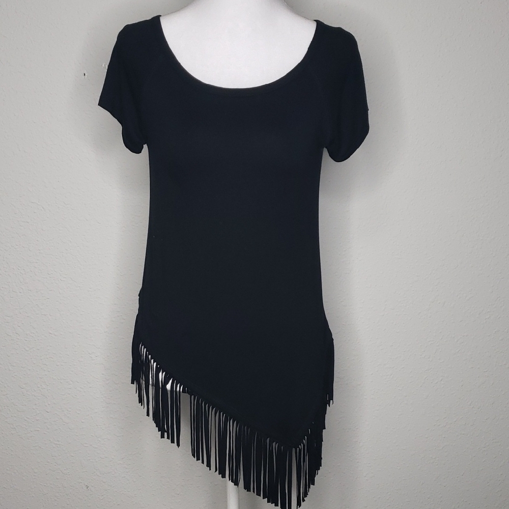 Karen Kane Asymmetrical Fringe Hem Stretch Fittes Top Size XS Petite Whimsigoth